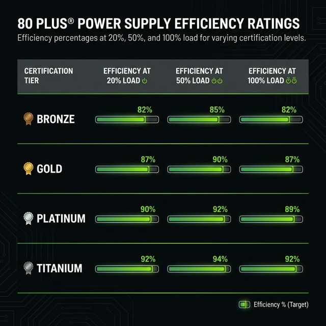 80 Plus efficiency certification chart comparing Bronze Gold Platinum and Titanium power supply ratings at 20 50 and 100 percent load