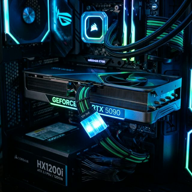 Gros plan d'une NVIDIA RTX 5090 avec un connecteur d'alimentation 12V-2x6 brillant dans une configuration ATX 3.1 haut de gamme